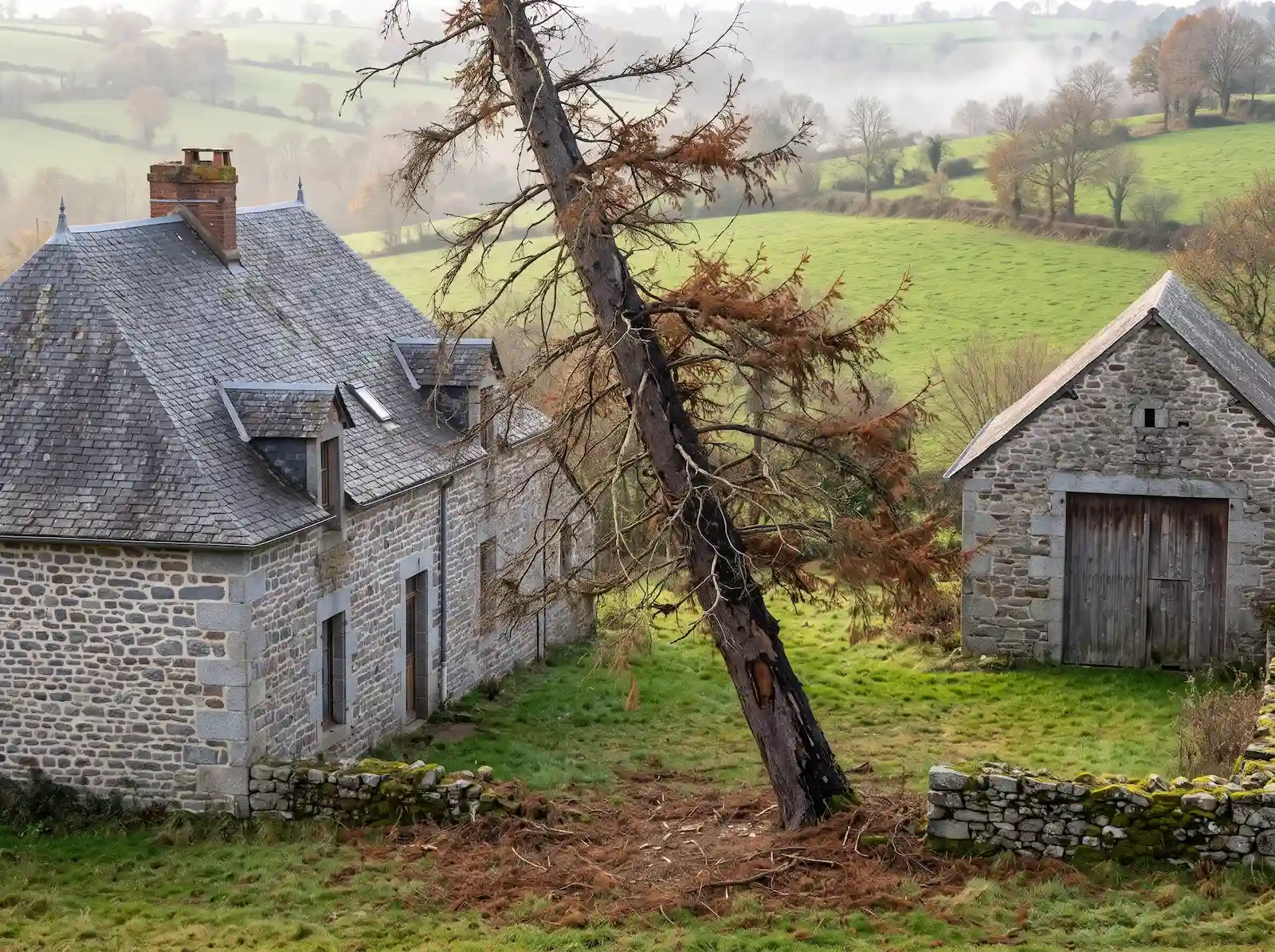 Avant : résineux mort aux aiguilles rousses qui penche entre une maison en granit et une grange en pierre