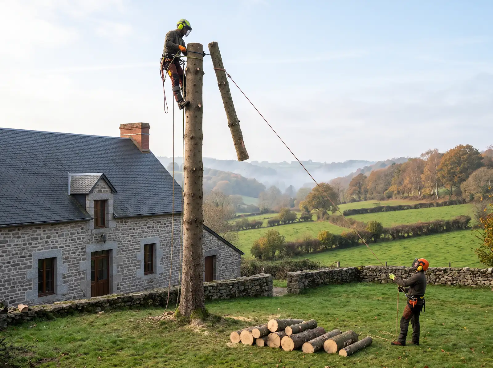 Démontage d’un grand résineux pièce par pièce, avec un grimpeur en haut du tronc et un équipier au sol qui retient le tronçon à la corde