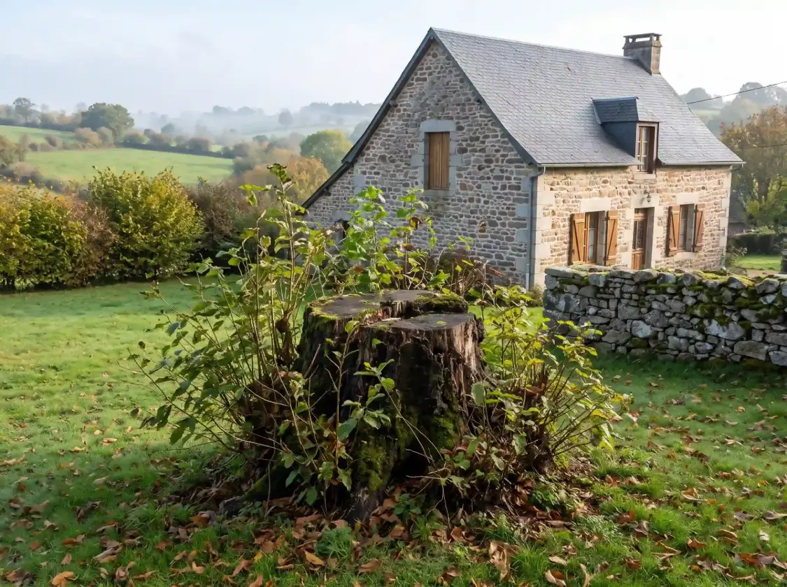 Avant : vieille souche moussue entourée de rejets dans la pelouse, devant une maison en granit