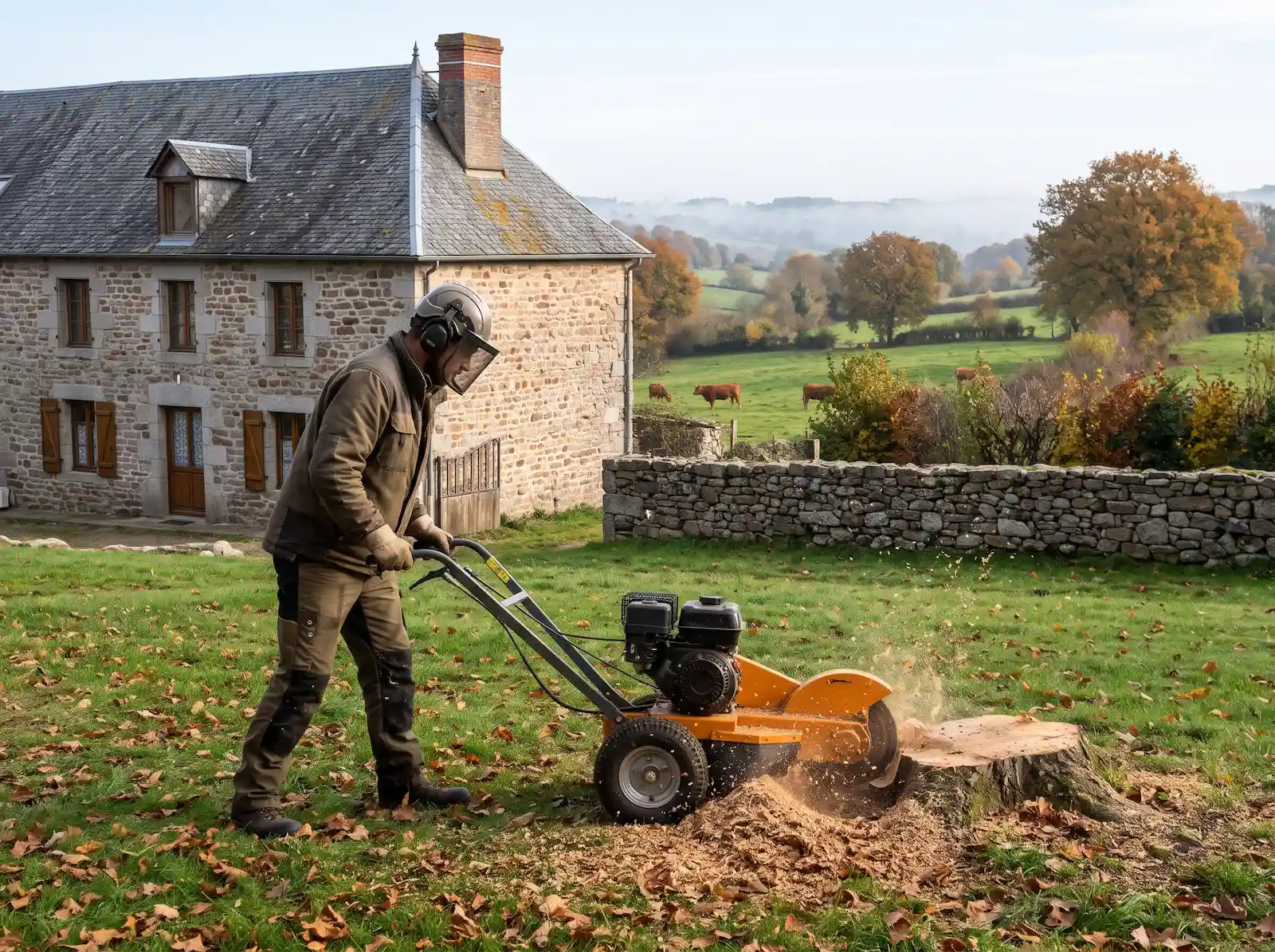 Artisan casqué qui attaque une grosse souche à la rogneuse dans une pelouse, devant une maison en granit et un pré avec des vaches limousines