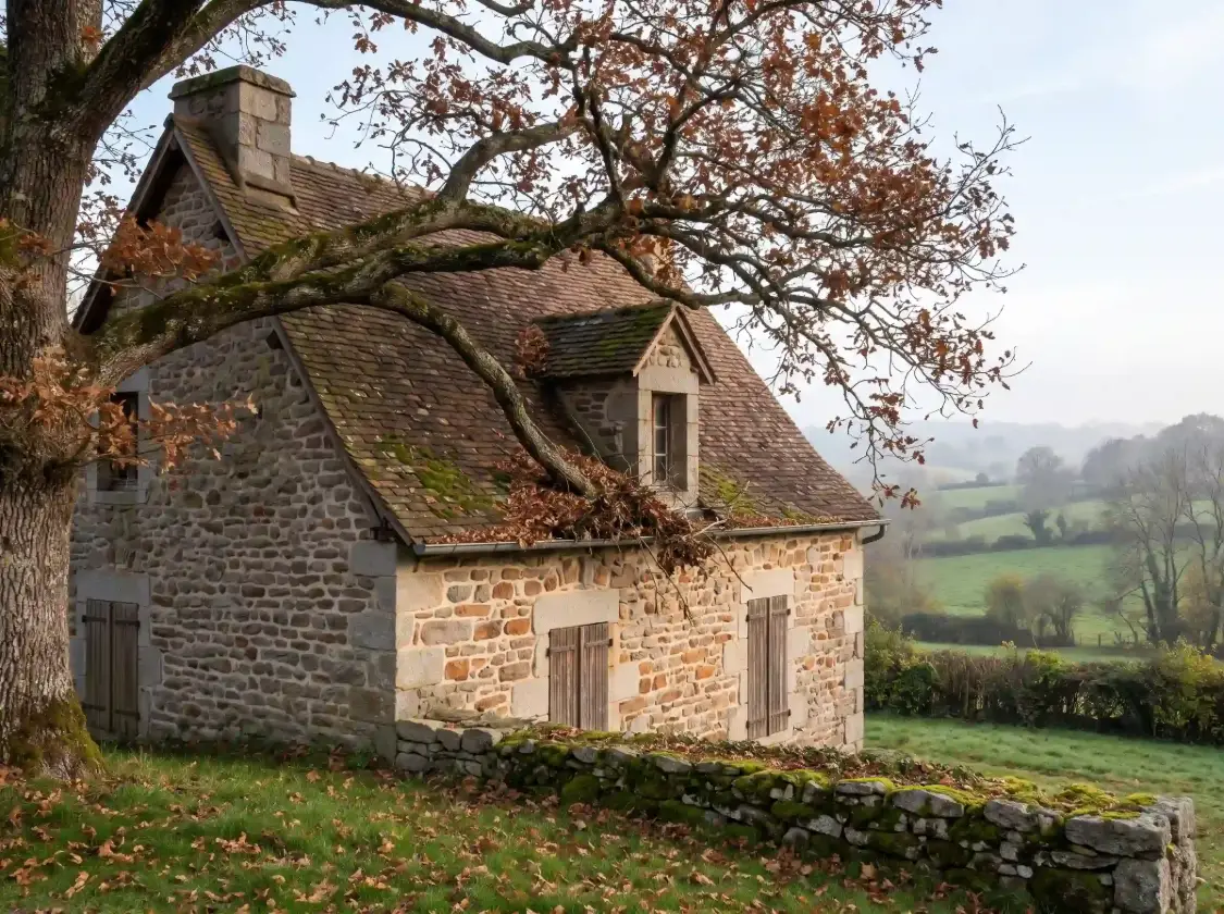 Avant : grosse branche de chêne posée sur le toit moussu en tuiles plates d’une maison en pierre, feuilles mortes dans la gouttière