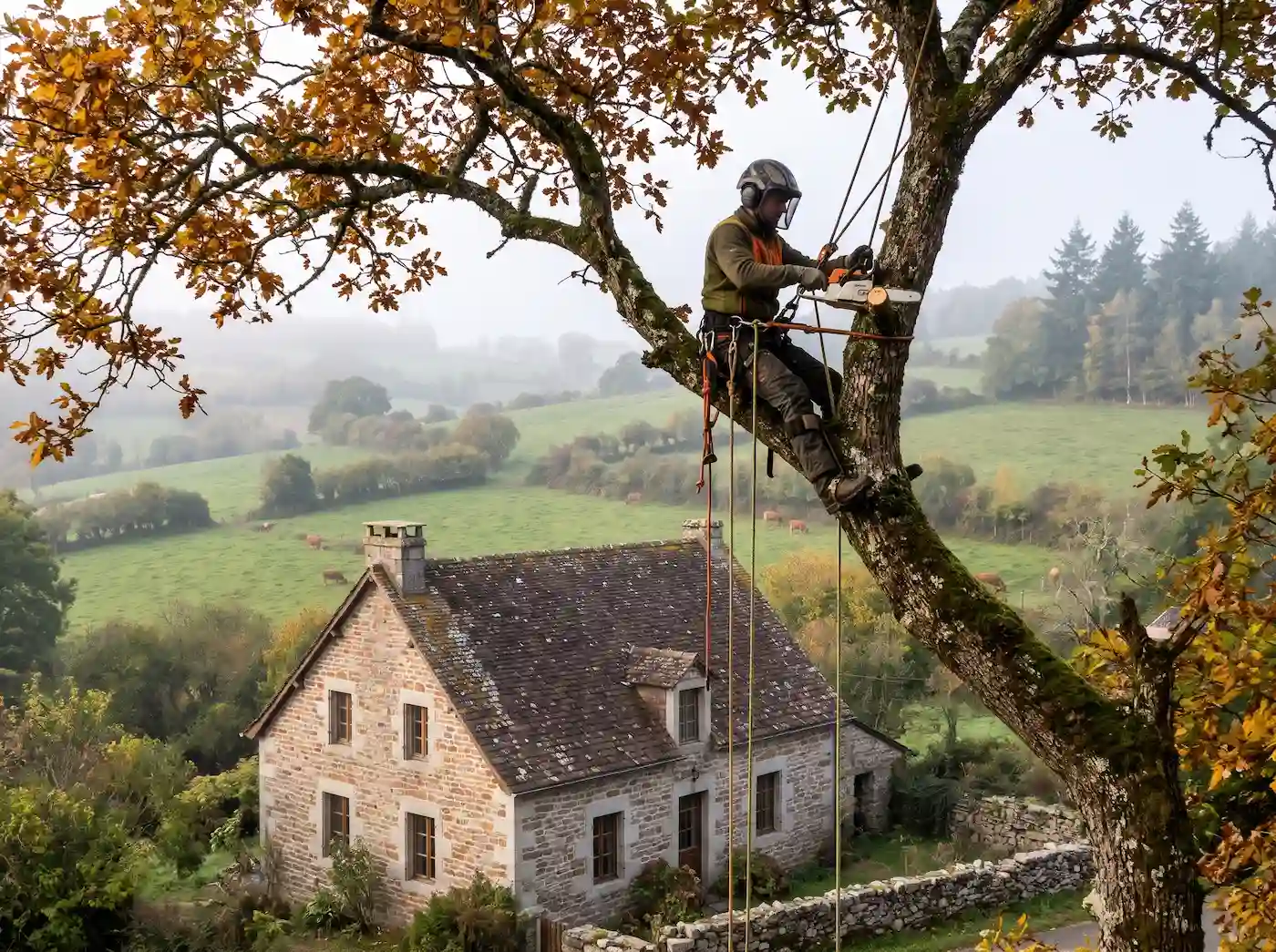 Élagueur encordé qui coupe une branche de chêne à la tronçonneuse, au-dessus d’une maison en granit et d’un pré avec des vaches limousines